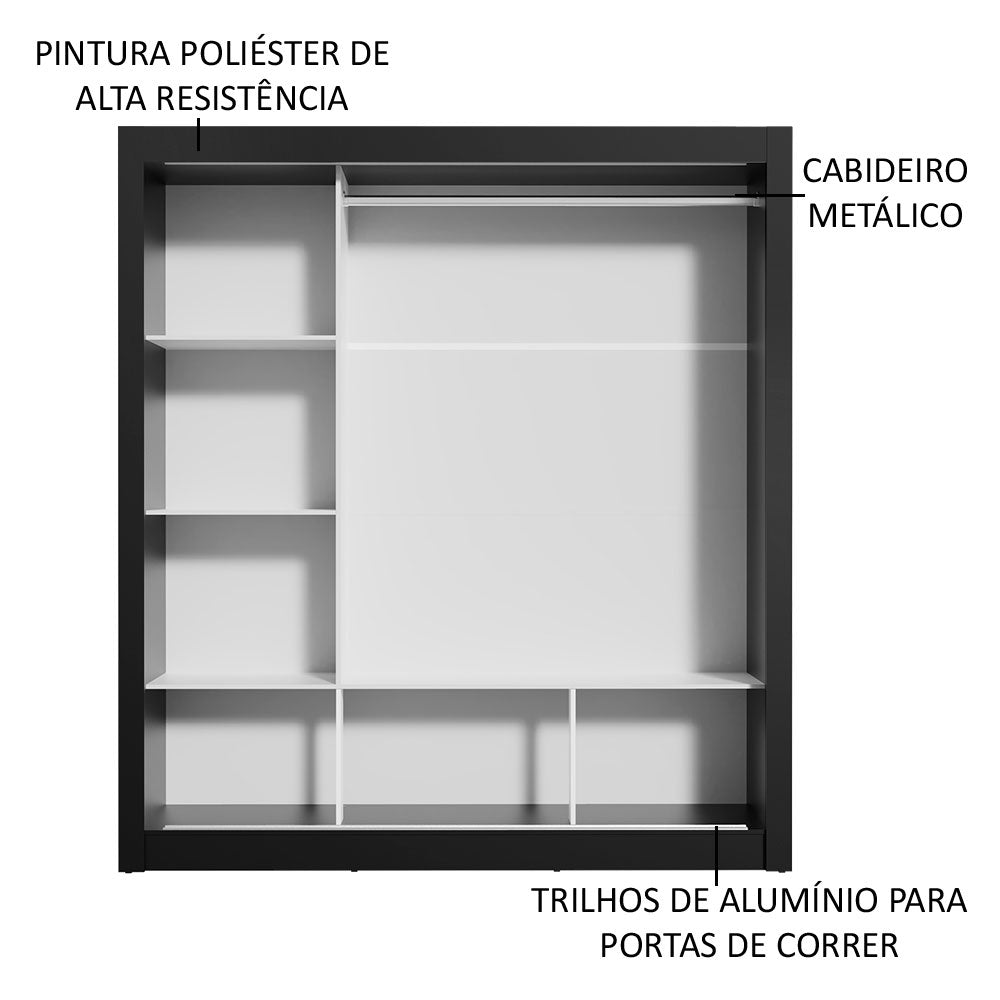 Guarda-Roupa Casal Madesa Mônaco 3 Portas de Correr com Espelho Preto/Branco