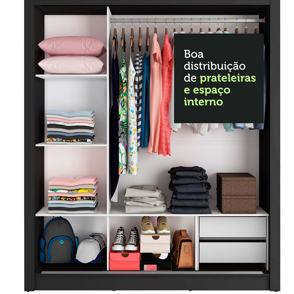 Guarda-Roupa Casal Madesa Lyon 3 Portas de Correr com Espelhos 2 Gavetas Preto/Branco