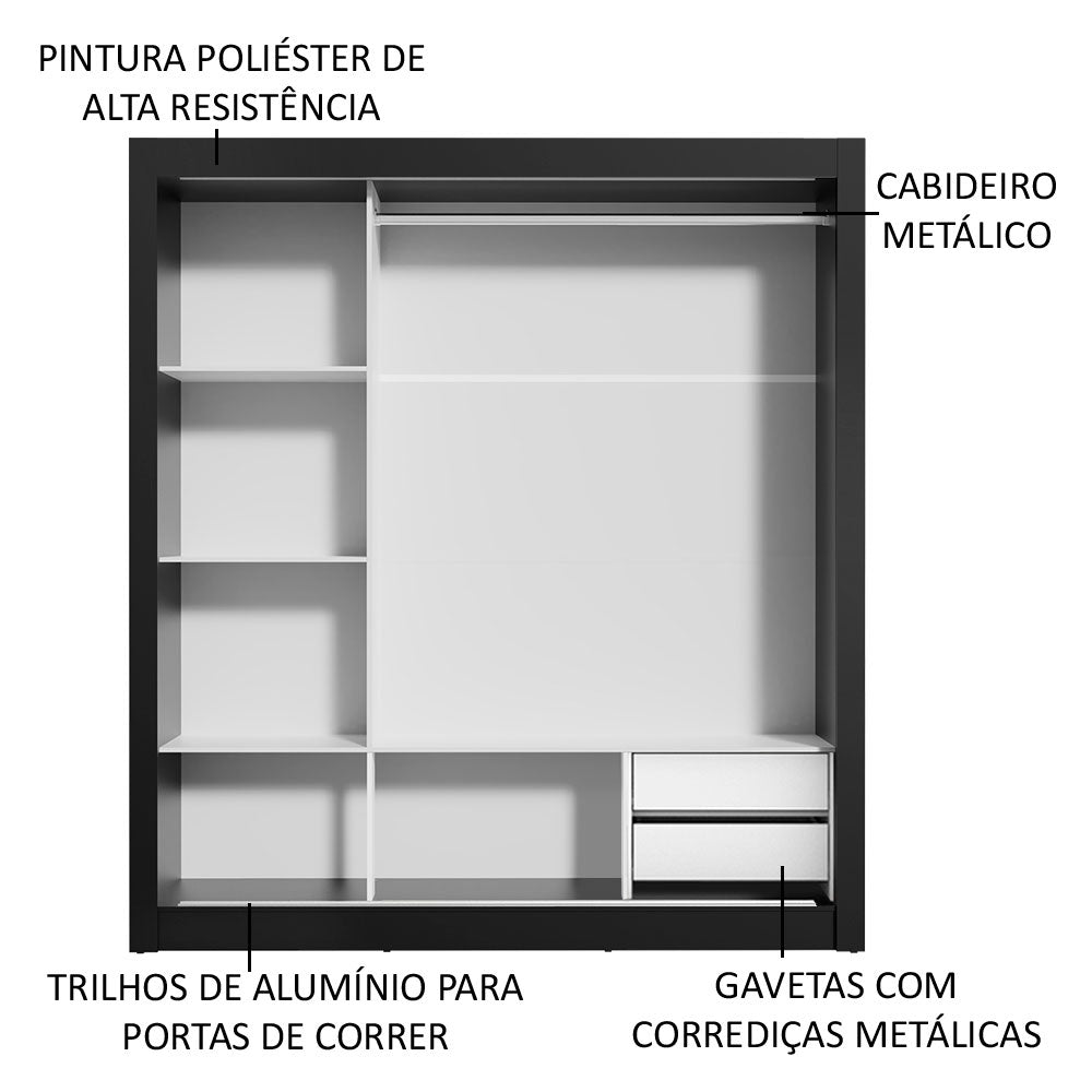 Guarda-Roupa Casal Madesa Lyon 3 Portas de Correr de Espelho 2 Gavetas Preto