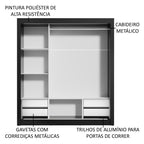 Guarda-Roupa Casal Madesa Lyon Plus 3 Portas de Correr de Espelho 4 Gavetas Preto