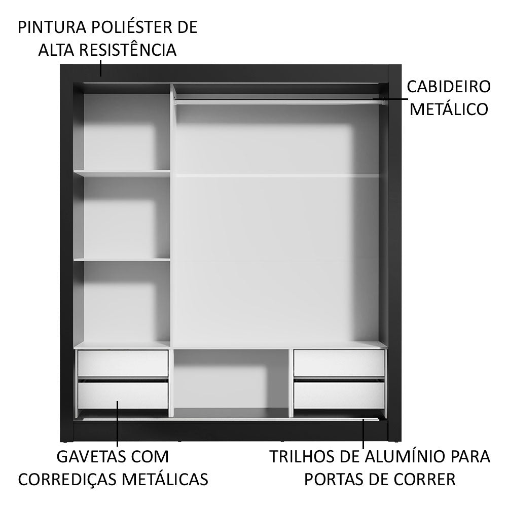 Guarda-Roupa Casal Madesa Lyon Plus 3 Portas de Correr de Espelho 4 Gavetas Preto