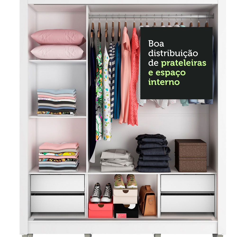 Guarda-Roupa Casal Madesa Lyon Plus 3 Portas de Correr com Espelhos 4 Gavetas com Pés Branco/Rustic