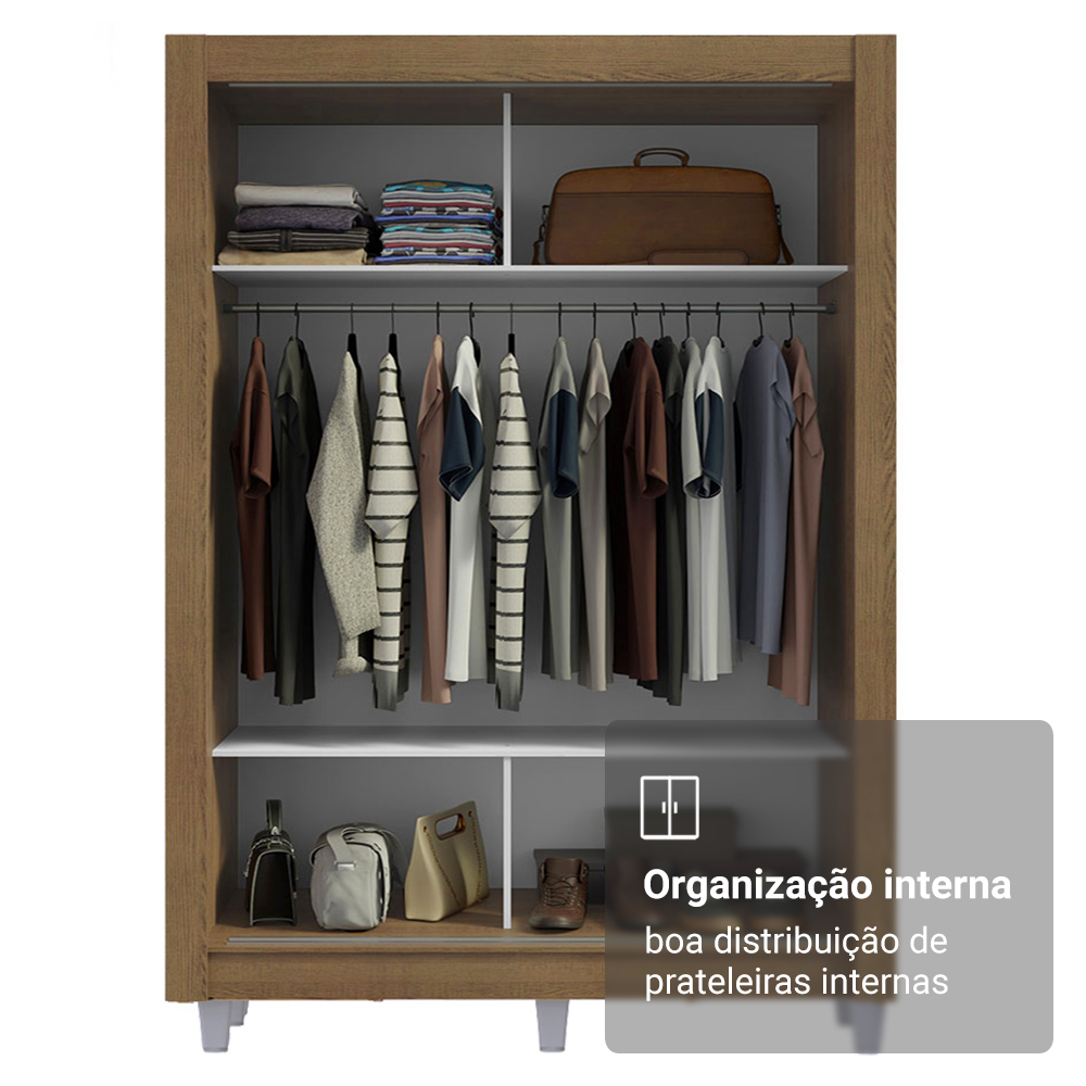 Guarda-Roupa Solteiro Madesa Denver 2 Portas de Correr com Espelho com Pés Rustic