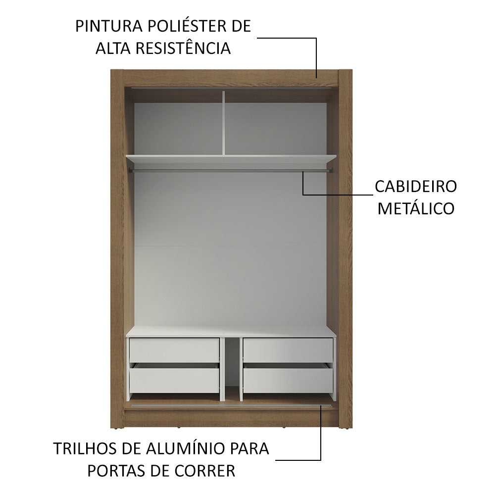Guarda-Roupa Solteiro Madesa Dallas Plus 2 Portas de Correr com Espelho 4 Gavetas Rustic/Branco