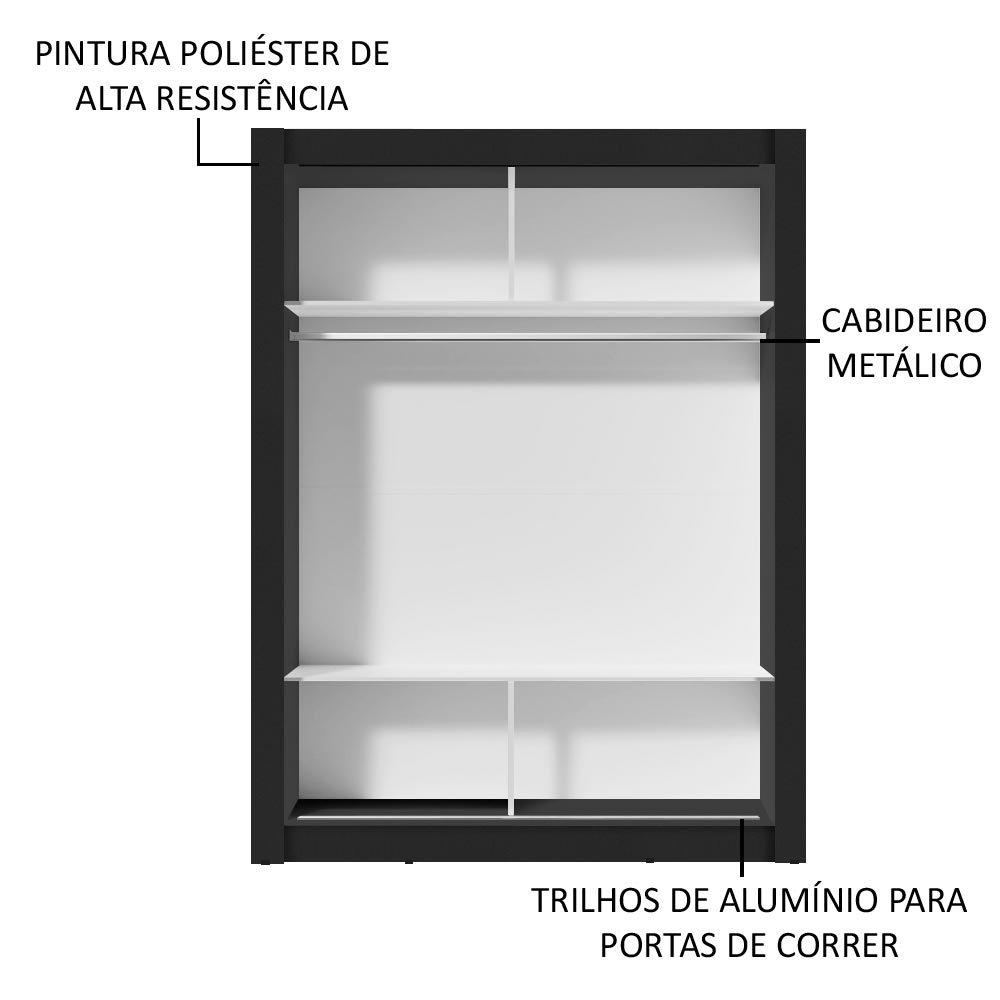 Guarda-Roupa Solteiro Madesa Denver 2 Portas de Correr de Espelho Preto