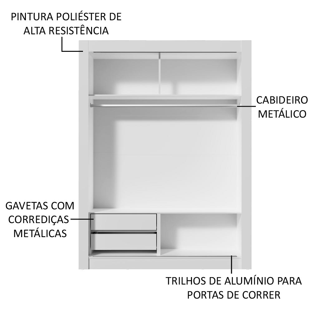Guarda-Roupa Solteiro Madesa Dallas 2 Portas de Correr com Espelho 2 Gavetas Branco/Rustic