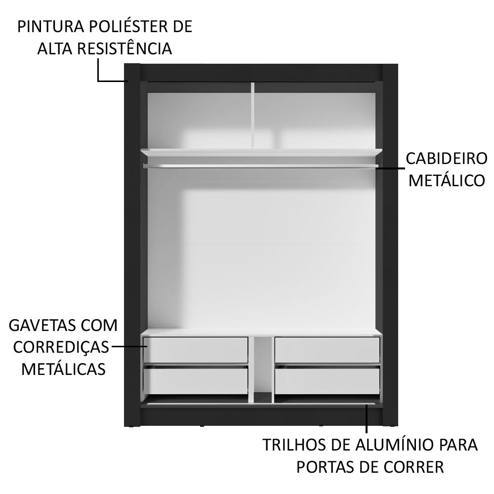 Guarda-Roupa Solteiro Madesa Dallas Plus 2 Portas de Correr com Espelho 4 Gavetas Preto/Rustic