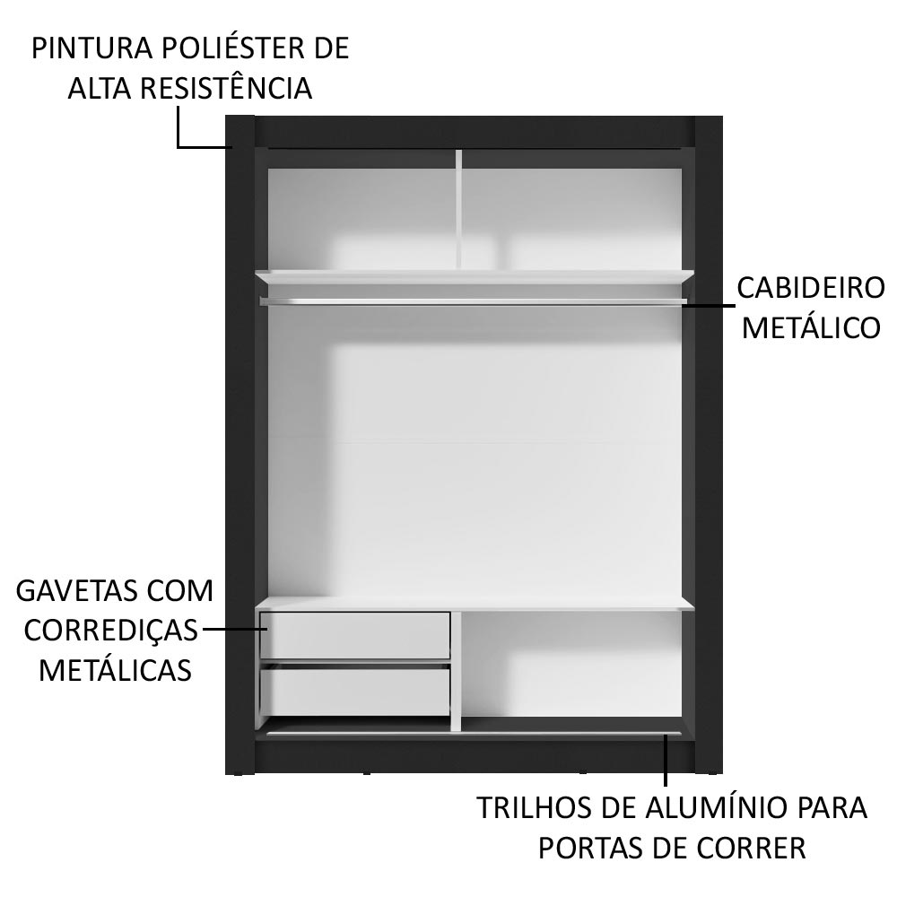 Guarda-Roupa Solteiro Madesa Dallas 2 Portas de Correr 2 Gavetas Preto/Rustic