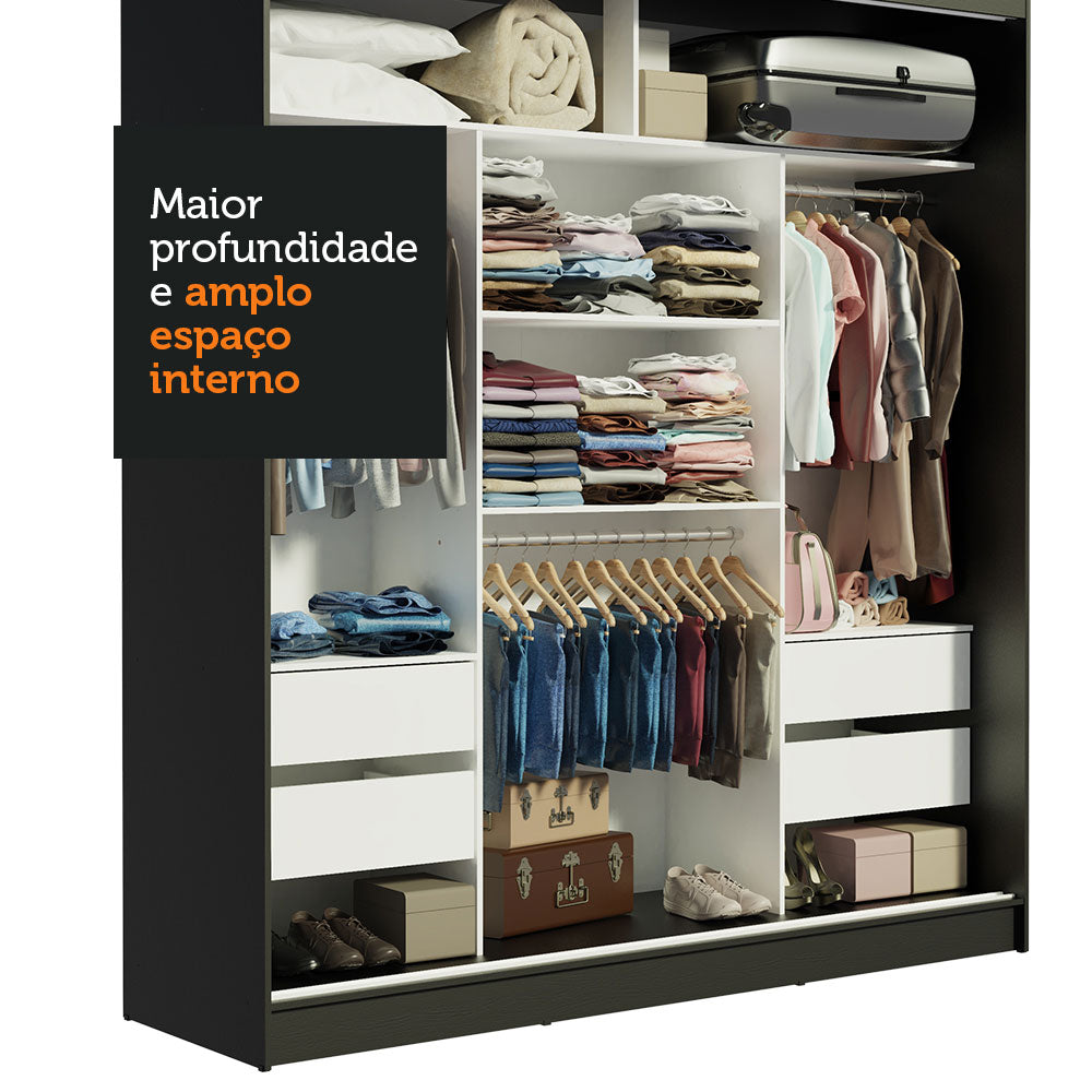 Guarda-Roupa Casal Madesa Reno 3 Portas de Correr com Espelhos Preto/Branco