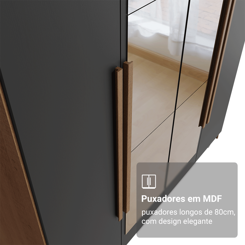 Guarda-Roupa Solteiro com Pés 4 Portas Batentes com Espelho Rustic/Preto/Rustic Venus Madesa