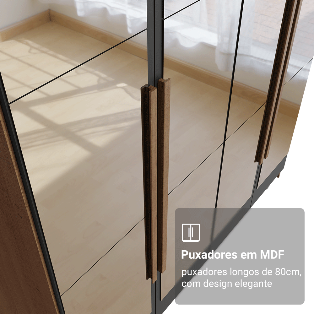 Guarda-Roupa Solteiro com Pés 4 Portas Batentes com Espelhos Rustic/Preto/Rustic Venus Madesa