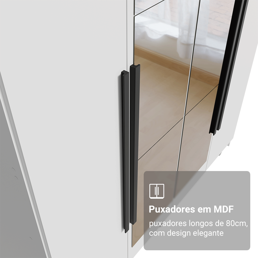 Guarda-Roupa Solteiro 4 Portas Batentes com Espelho Branco/Branco/Preto Venus Madesa