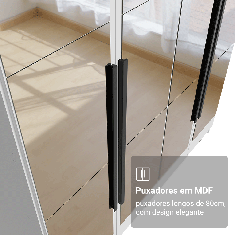 Guarda-Roupa Solteiro com Pés 4 Portas Batentes com Espelhos Branco/Branco/Preto Venus Madesa