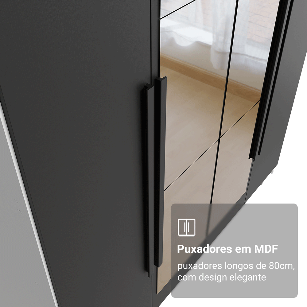 Guarda-Roupa Solteiro 4 Portas Batentes com Espelho Branco/Preto/Preto Venus Madesa
