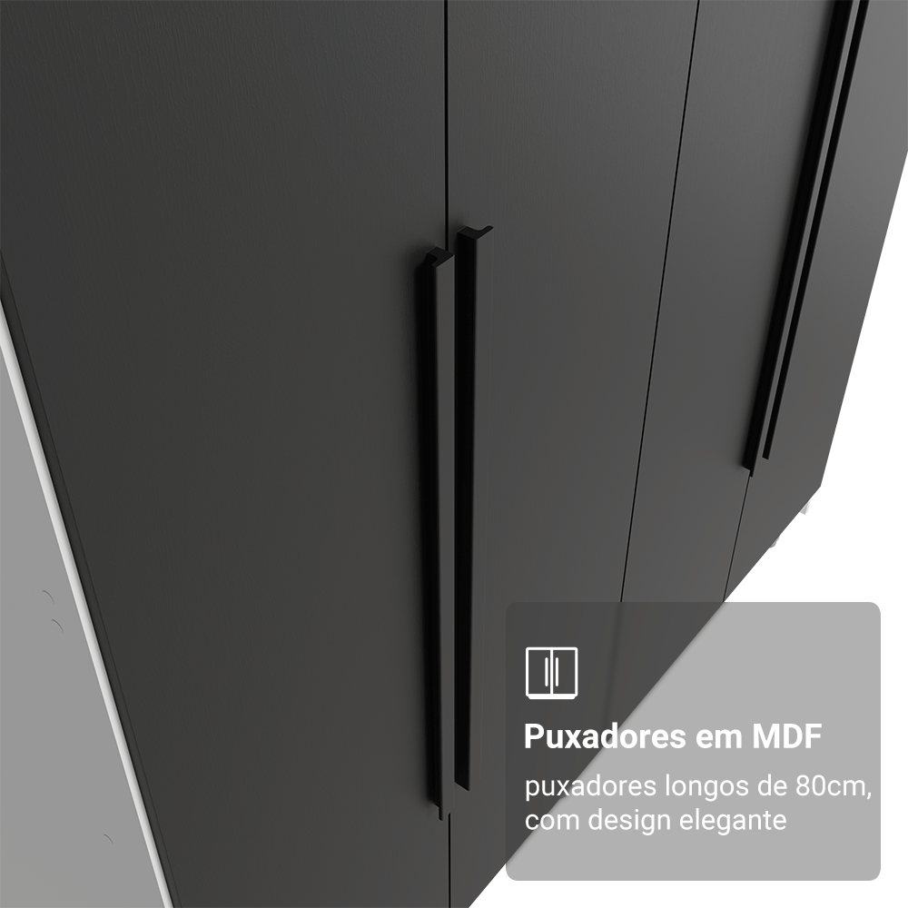Guarda-Roupa Solteiro com Pés 4 Portas Batentes Branco/Preto/Preto Venus Madesa