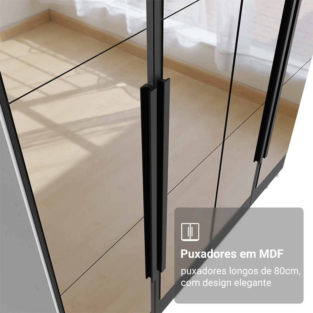 Guarda-Roupa Solteiro com Pés 4 Portas Batentes com Espelhos Branco/Preto/Preto Venus Madesa