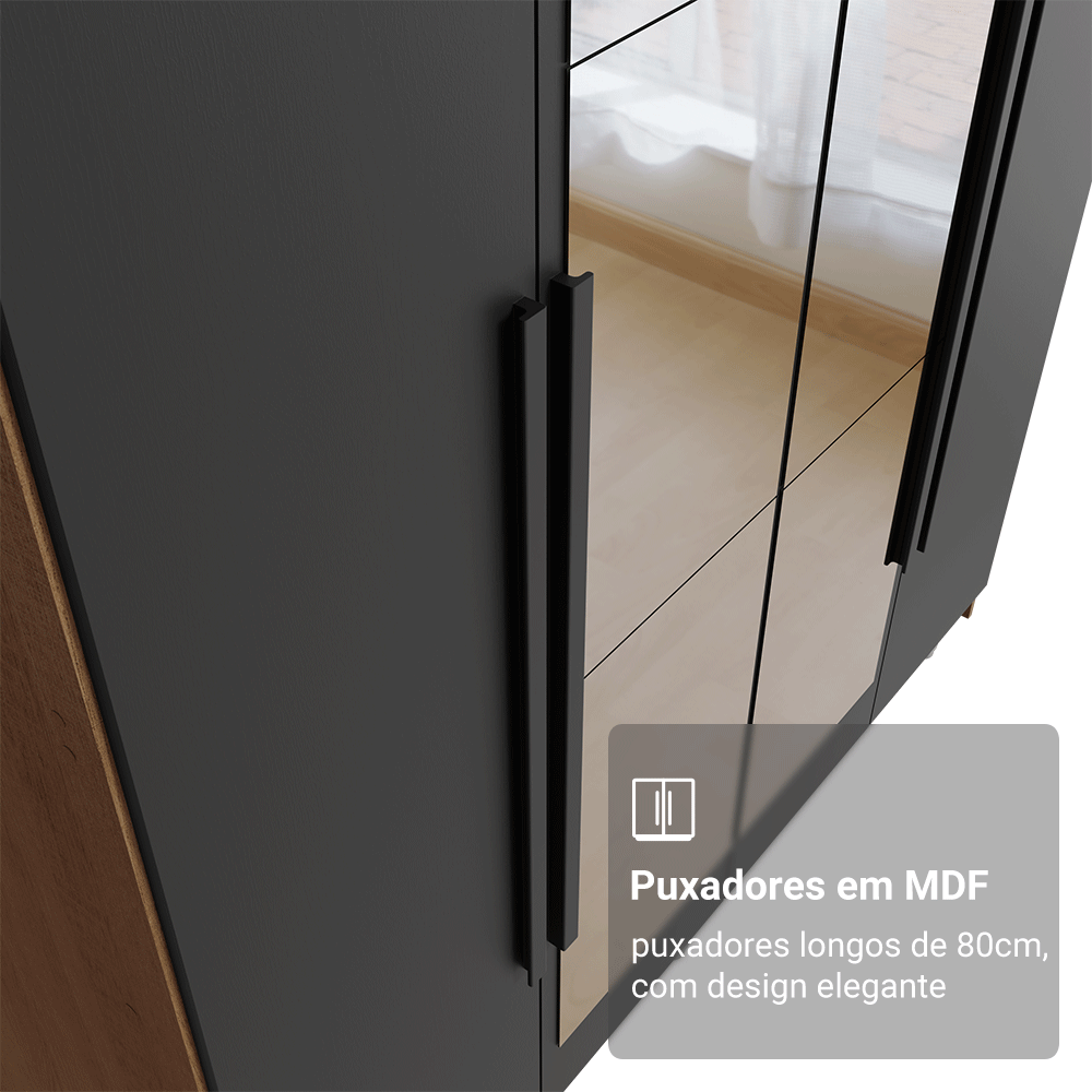 Guarda-Roupa Solteiro 4 Portas Batentes com Espelho Rustic/Preto/Preto Venus Madesa