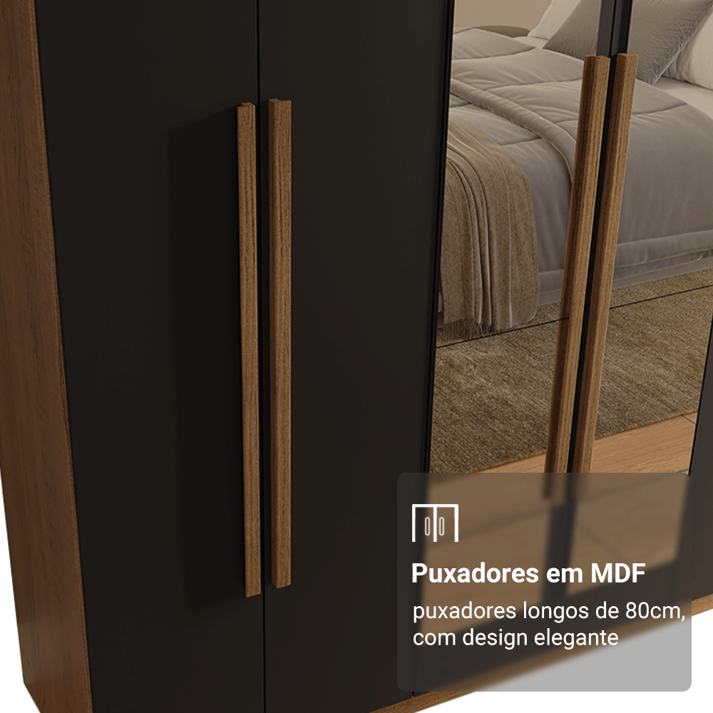 Guarda-Roupa Casal 6 Portas Batentes com Espelho Rustic/Preto/Rustic Venus Madesa