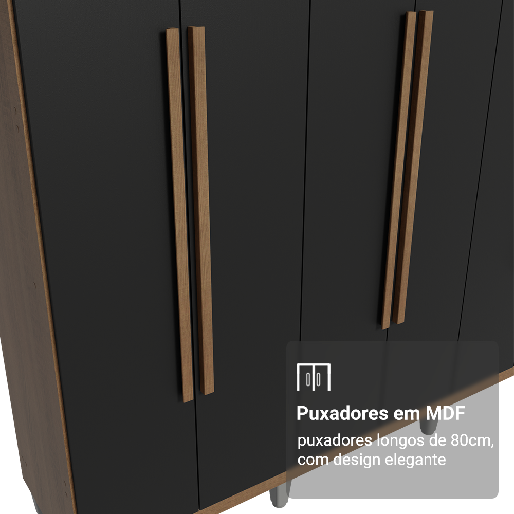Guarda-Roupa Casal com Pés 6 Portas Batentes Rustic/Preto/Rustic Venus Madesa