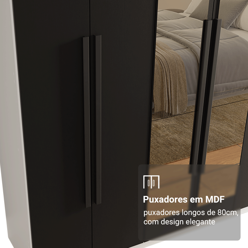 Guarda-Roupa Casal 6 Portas Batentes com Espelho Branco/Preto/Preto Venus Madesa