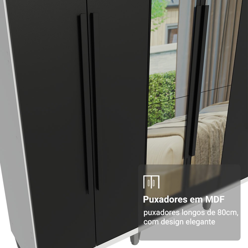 Guarda-Roupa Casal com Pés 6 Portas Batentes com Espelho Branco/Preto/Preto Venus Madesa