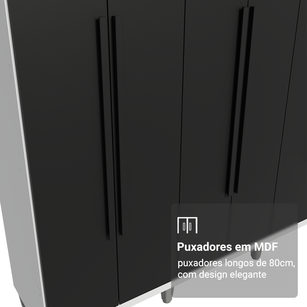 Guarda-Roupa Casal com Pés 6 Portas Batentes Branco/Preto/Preto Venus Madesa