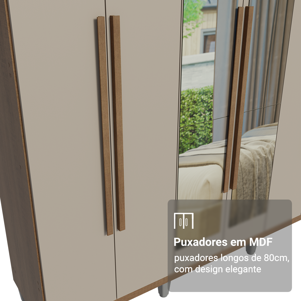 Guarda-Roupa Casal com Pés 6 Portas Batentes com Espelho Rustic/Crema/Rustic Venus Madesa