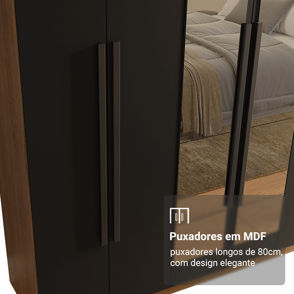 Guarda-Roupa Casal 6 Portas Batentes com Espelho Rustic/Preto/Preto Venus Madesa