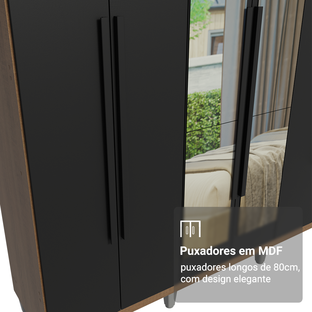 Guarda-Roupa Casal com Pés 6 Portas Batentes com Espelho Rustic/Preto/Preto Venus Madesa