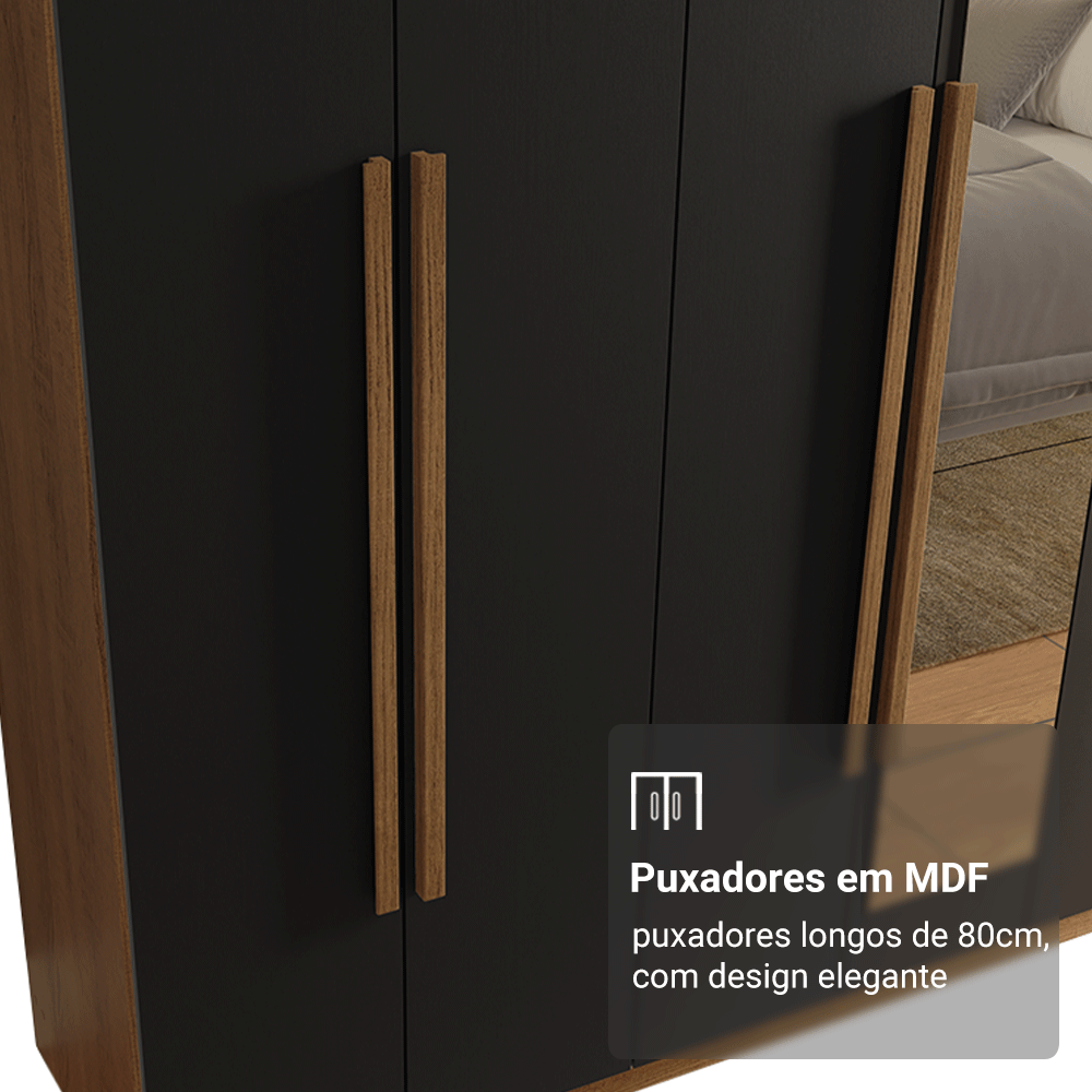 Guarda-Roupa Casal 8 Portas Batentes com Espelho Rustic/Preto/Rustic Venus Madesa