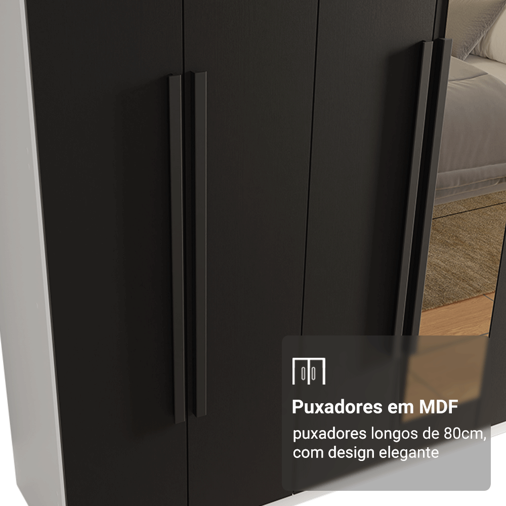 Guarda-Roupa Casal 8 Portas Batentes com Espelho Branco/Preto/Preto Venus Madesa