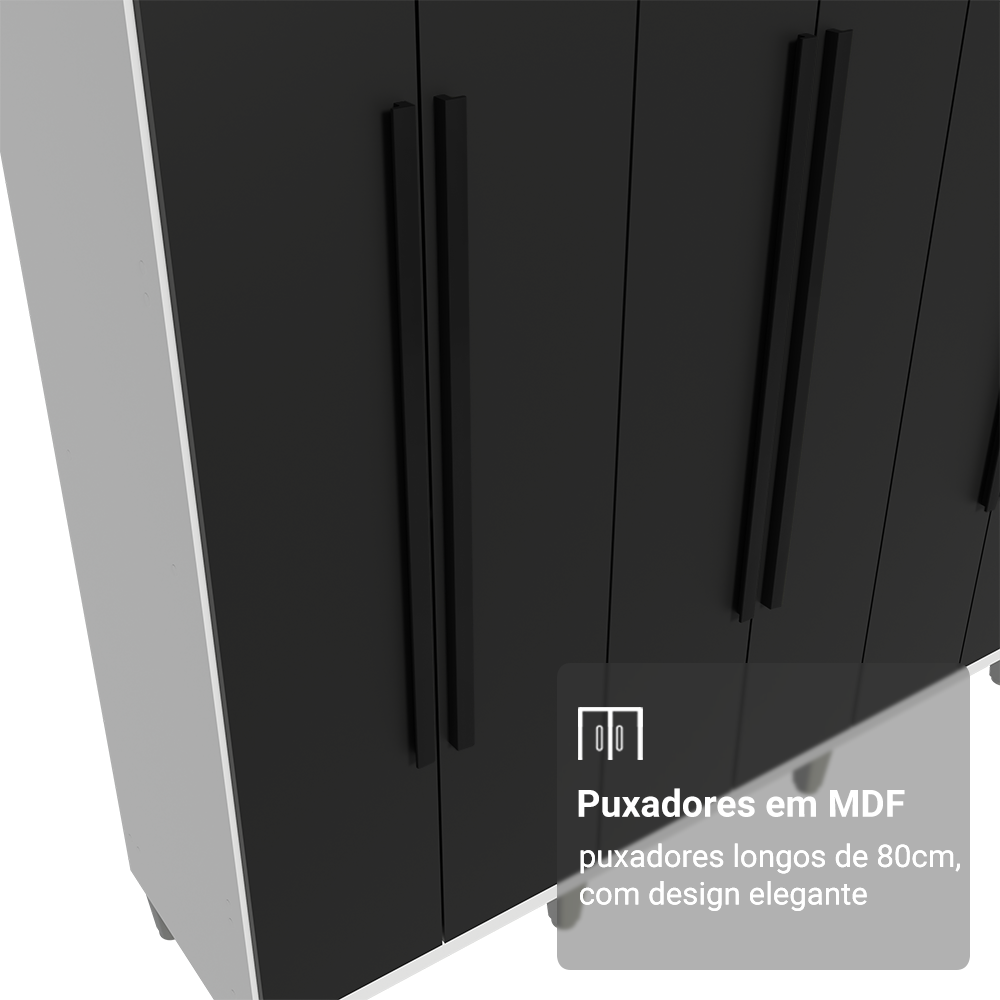 Guarda-Roupa Casal com Pés 8 Portas Batentes Branco/Preto/Preto Venus Madesa