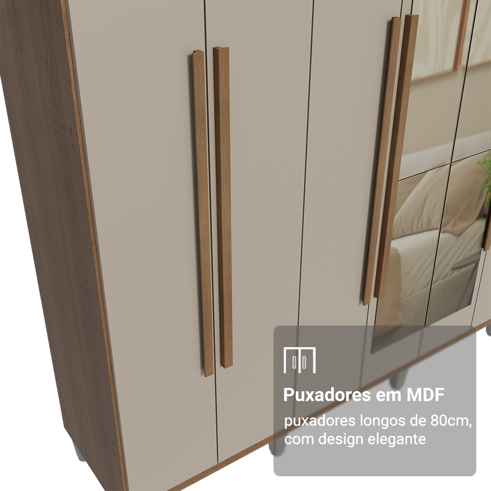Guarda-Roupa Casal com Pés 8 Portas Batentes com Espelho Rustic/Crema/Rustic Venus Madesa