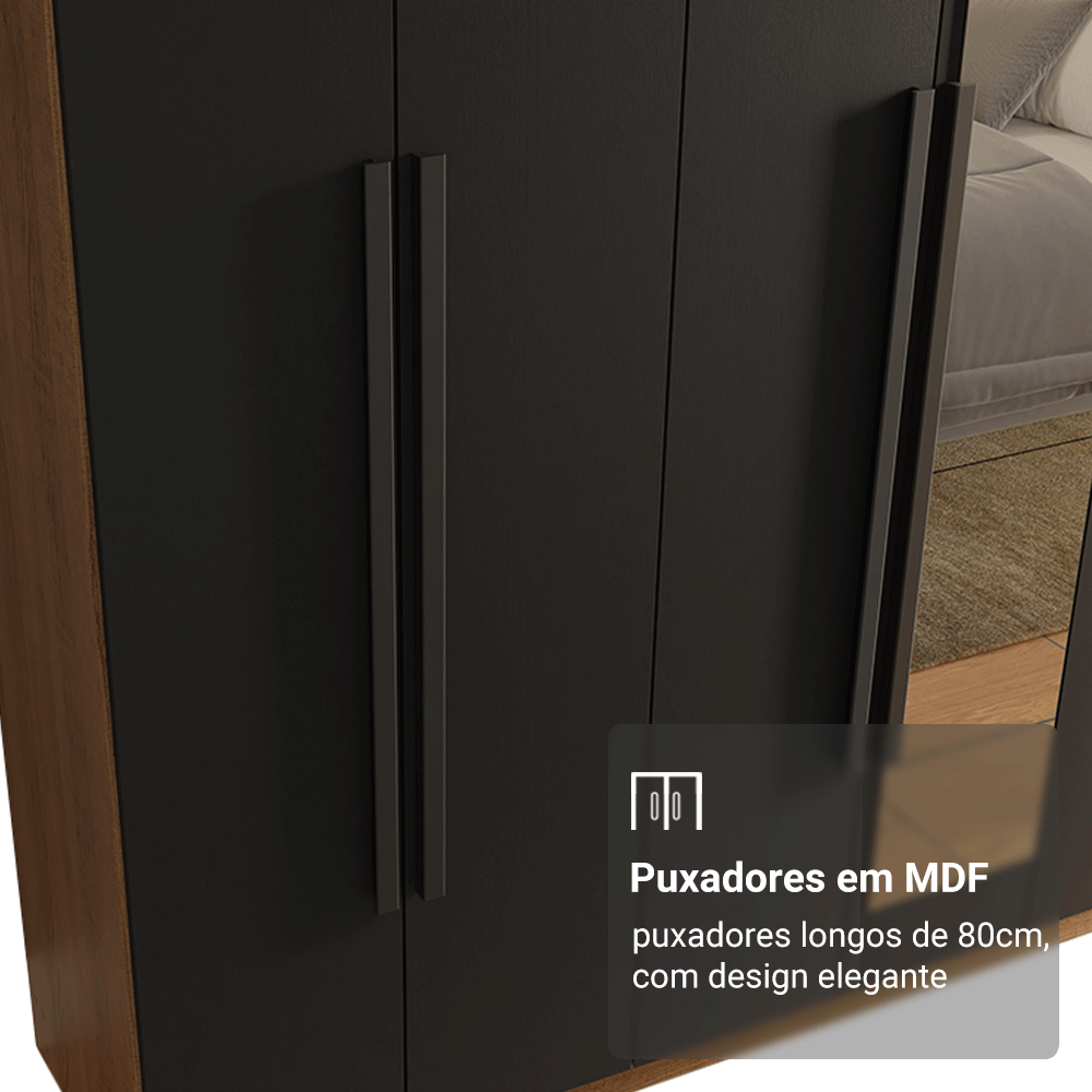 Guarda-Roupa Casal 8 Portas Batentes com Espelho Rustic/Preto/Preto Venus Madesa