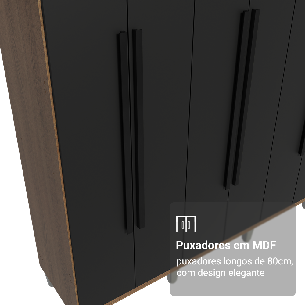 Guarda-Roupa Casal com Pés 8 Portas Batentes Rustic/Preto/Preto Venus Madesa