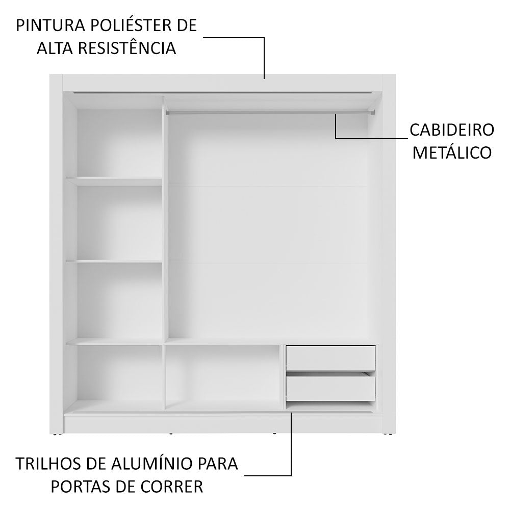 Guarda-Roupa Casal 3 Portas de Correr de Espelho 2 Gavetas Branco Sublime Madesa