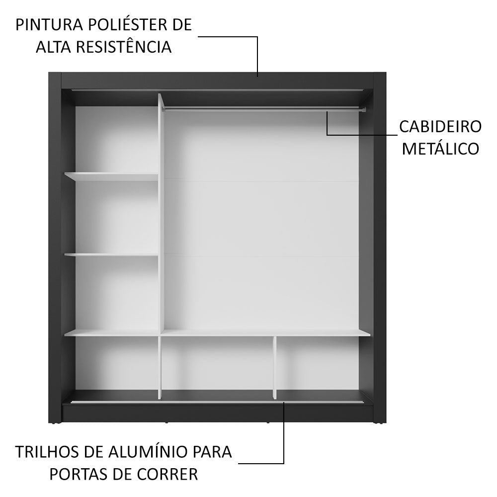 Guarda-Roupa Casal 3 Portas de Correr Preto/Branco Nobre Madesa