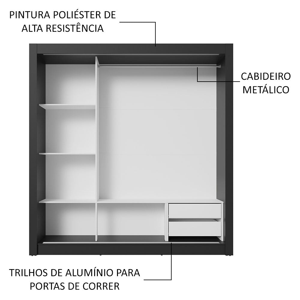 Guarda-Roupa Casal 3 Portas de Correr Preto/Branco Sublime Madesa