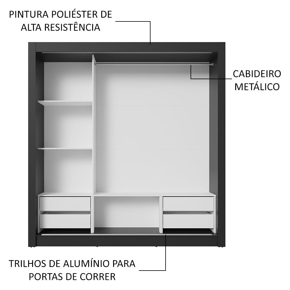 Guarda-Roupa Casal 3 Portas de Correr com Espelho 4 Gavetas Preto Sublime Plus Madesa