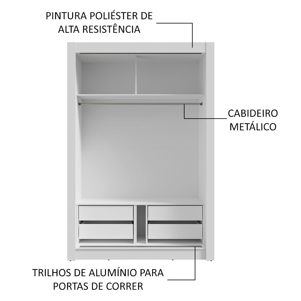 Guarda-Roupa Solteiro 2 Portas de Correr com Espelhos 4 Gavetas Branco Vivare Plus Madesa