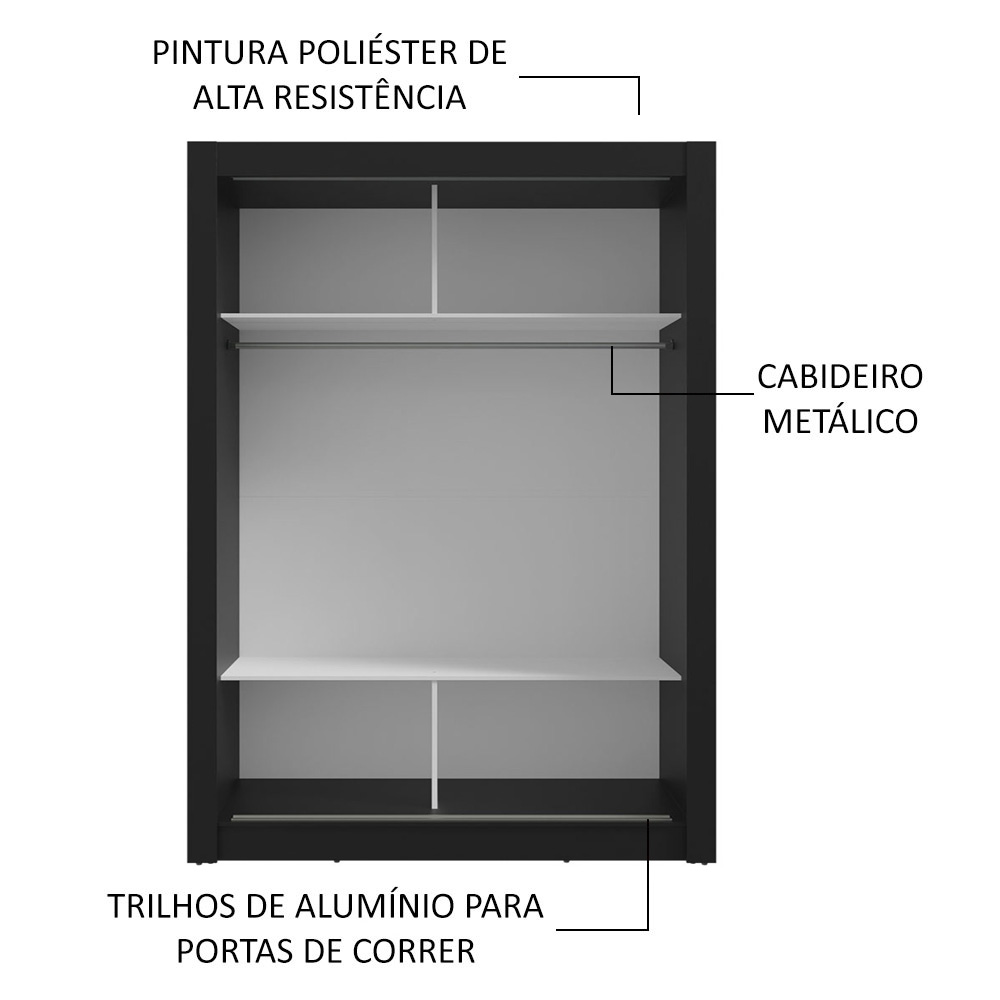 Guarda-Roupa Solteiro 2 Portas de Correr com Espelho Preto Milano Madesa