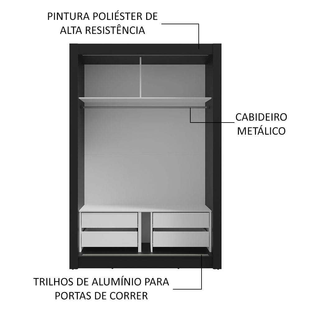 Guarda-Roupa Solteiro 2 Portas de Correr com Espelho 4 Gavetas Preto Vivare Plus Madesa