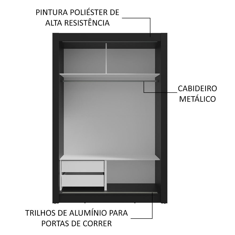 Guarda-Roupa Solteiro 2 Portas de Correr 2 Gavetas Preto/Rustic Vivare Madesa