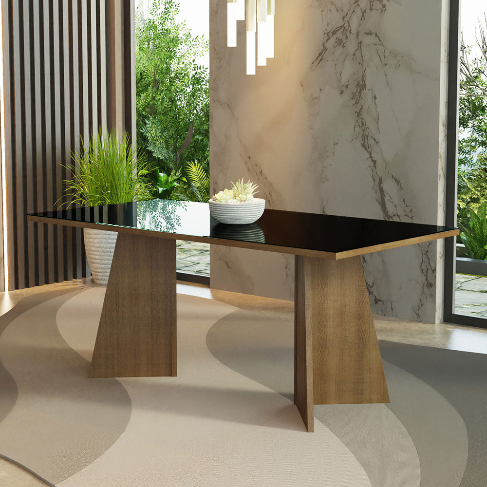 Mesa de Jantar Retangular com Tampo de Vidro Rustic/Preto 5388 Madesa