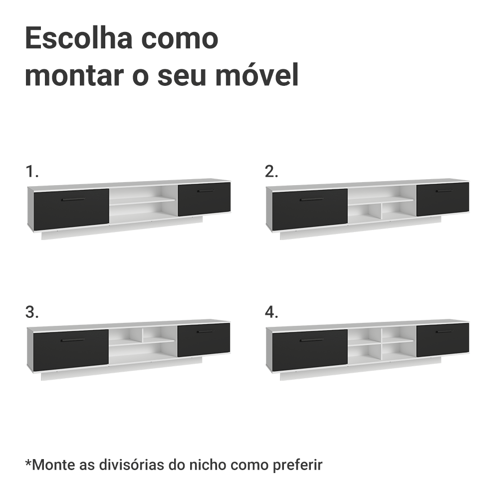 Rack Suspenso para TV até 80 Polegadas 218 cm 2 Portas Branco/Preto Agata Madesa