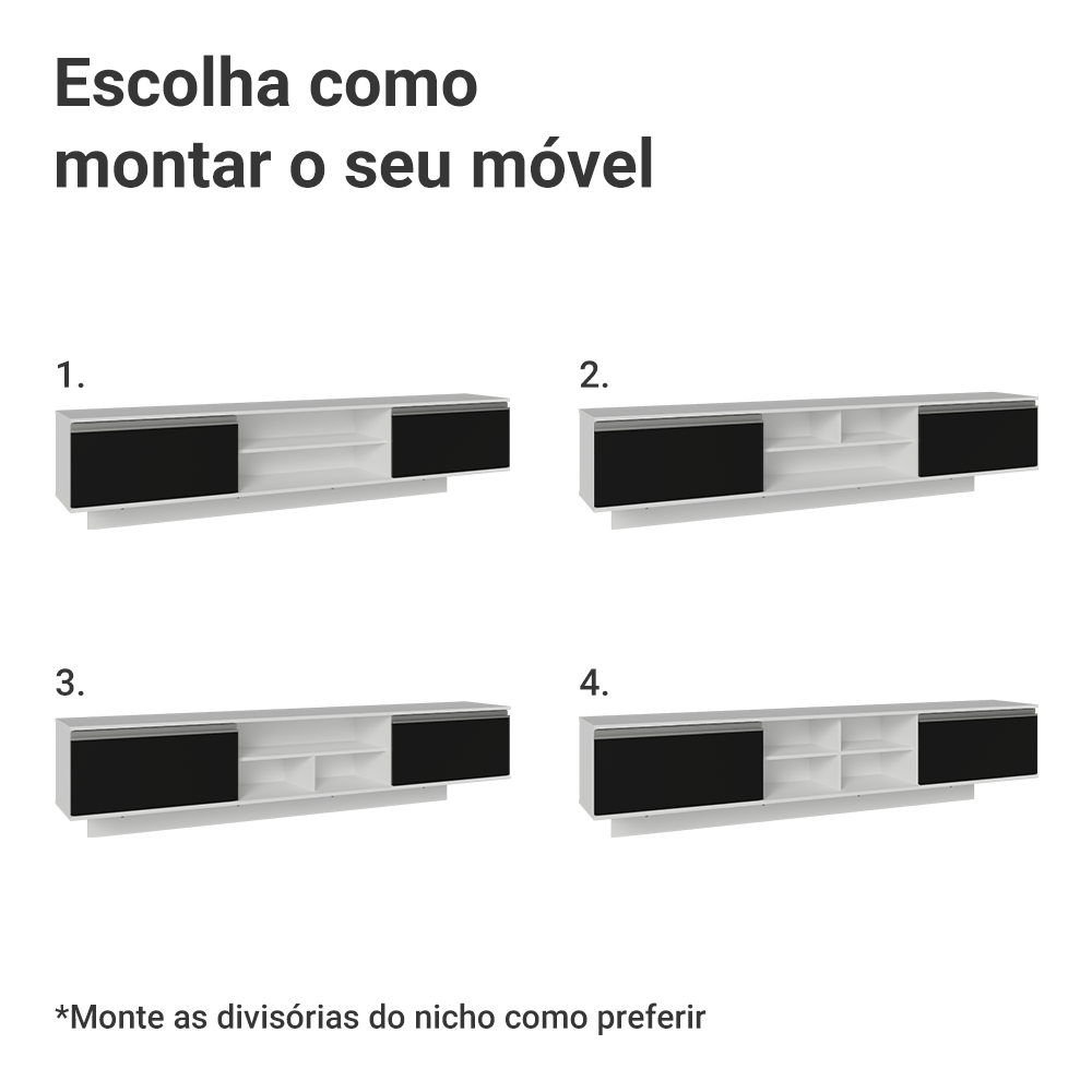 Rack Suspenso para TV até 80 Polegadas 218 cm 2 Portas Branco/Preto Glamy Madesa