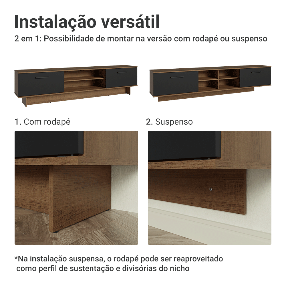 Rack para TV até 80 Polegadas 218 cm 2 Portas Rustic/Preto Agata Madesa