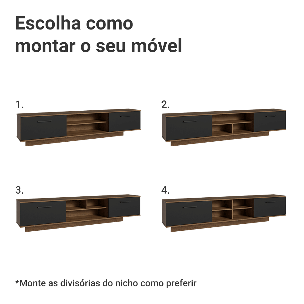 Rack Suspenso para TV até 80 Polegadas 218 cm 2 Portas Rustic/Preto Agata Madesa