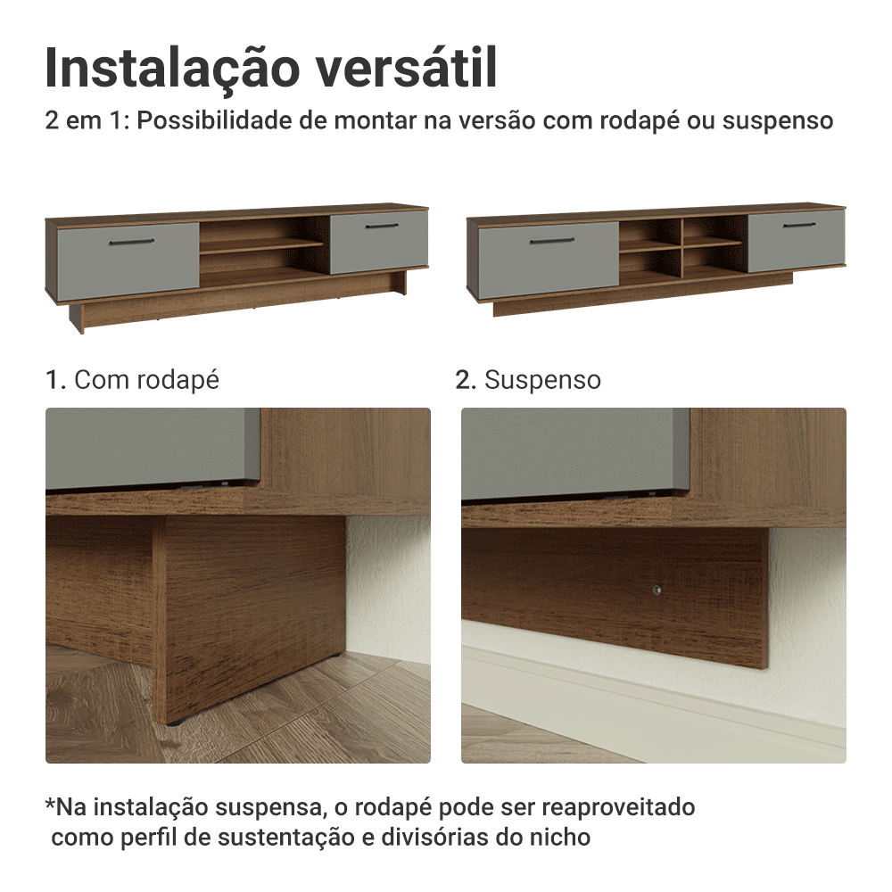 Rack para TV até 80 Polegadas 218 cm 2 Portas Rustic/Cinza Agata Madesa