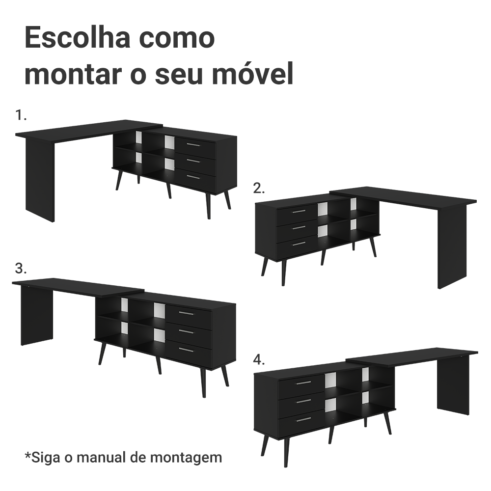 Escrivaninha Mesa de Escritório de Canto 3 Gavetas Preto Lisboa Madesa